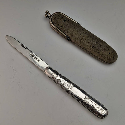 1897 British antique sterling silver folding pen knife Hilliard and Thomason with case